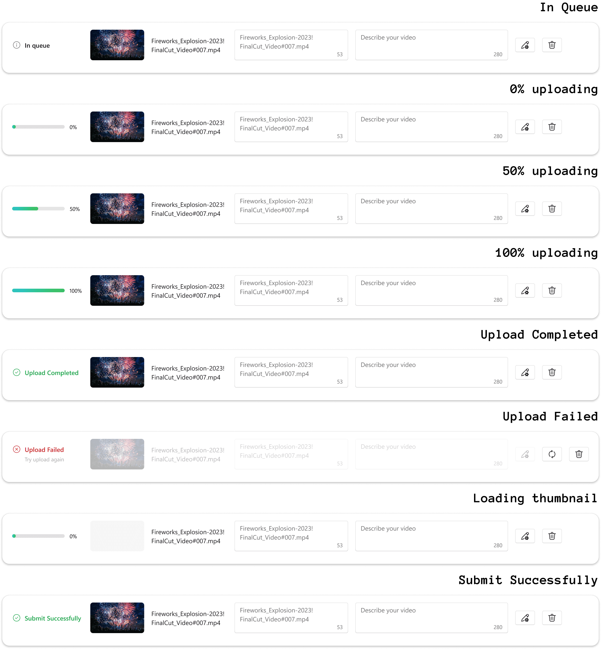 State architecture diagram — all states and transitions across the upload pipeline